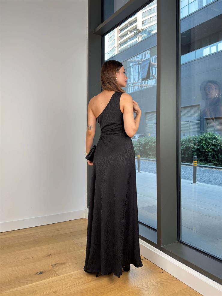 Tek Omuz Askılı Drapeli Beli Pencere Detaylı Gretel Siyah Kadın Elbise 25Y459