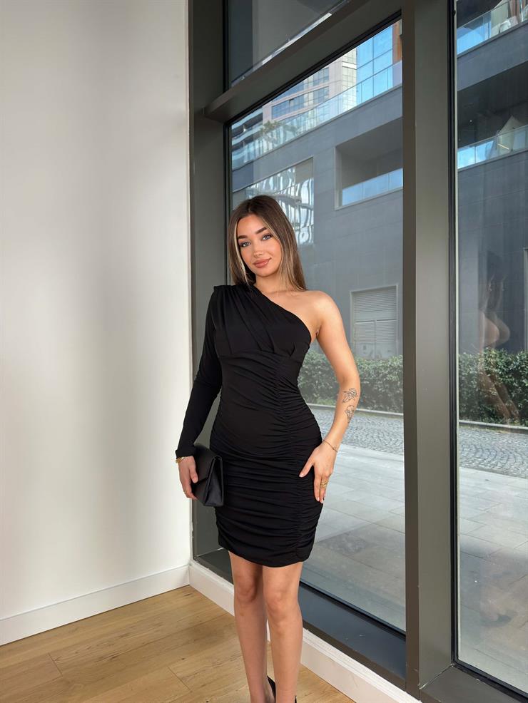 Tek Kol Drapeli Griska Siyah Kadın Mini Elbise 25K475