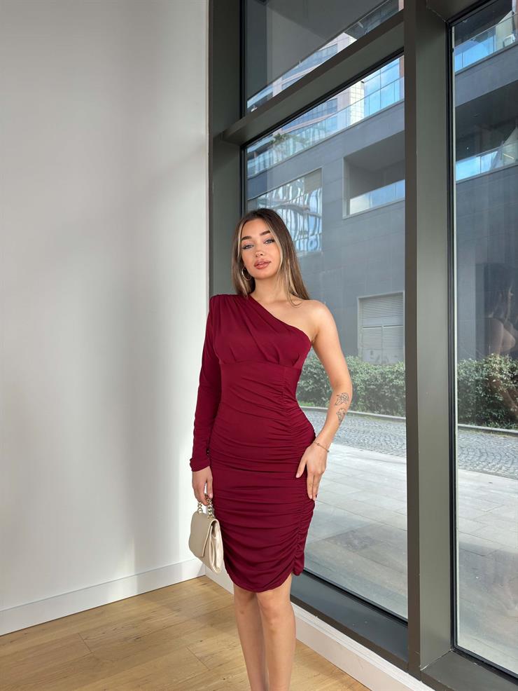 Tek Kol Drapeli Griska Bordo Kadın Mini Elbise 25K475