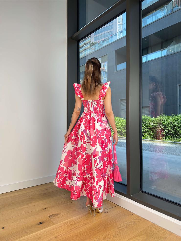 Askılı Kare Yaka Gronlo Fuşya Kadın Çiçekli Elbise 25Y408