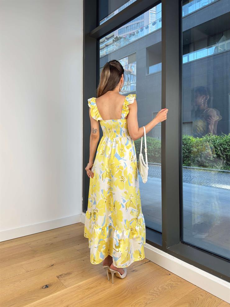 Askılı Kare Yaka Gronlo Sarı Kadın Çiçekli Elbise 25Y408