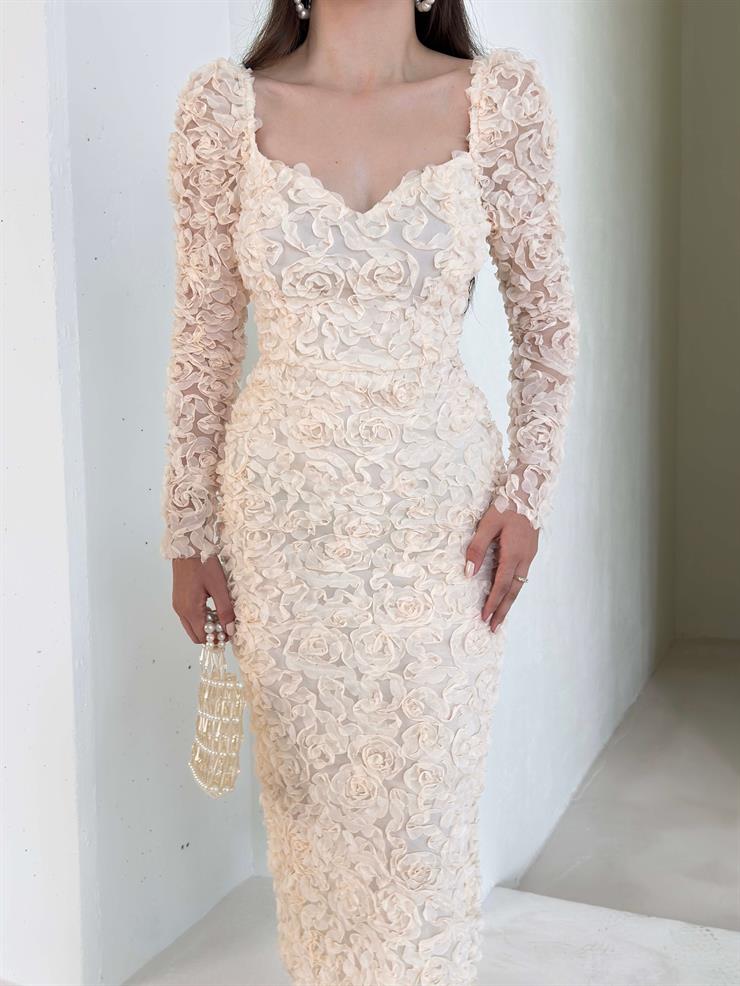 Gül Detaylı Astarlı Christiana Krem Kadın Elbise 26K009