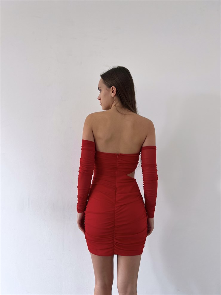 Göğüs Pedli Kalp Yaka Kolu Büzgülü Bel Detaylı Gunther Kadın Kırmızı Mini Elbise 23K000033