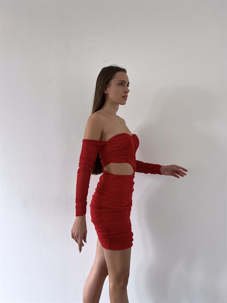 Göğüs Pedli Kalp Yaka Kolu Büzgülü Bel Detaylı Gunther Kadın Kırmızı Mini Elbise 23K000033