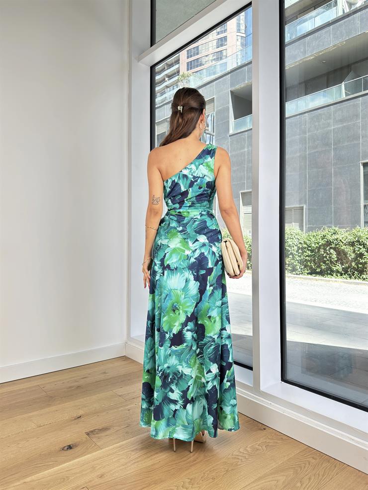 Tek Kol Askılı Bel Kısmı Drapeli Gusta Kadın Desenli Yeşil Uzun Elbise 24Y836