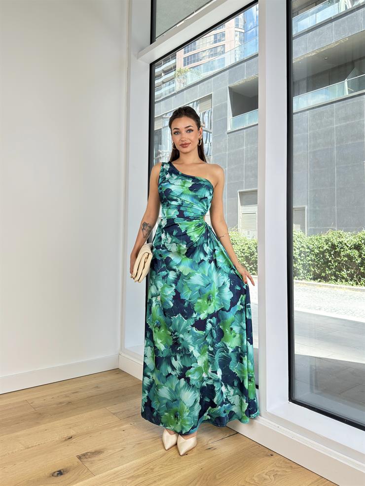 Tek Kol Askılı Bel Kısmı Drapeli Gusta Kadın Desenli Yeşil Uzun Elbise 24Y836