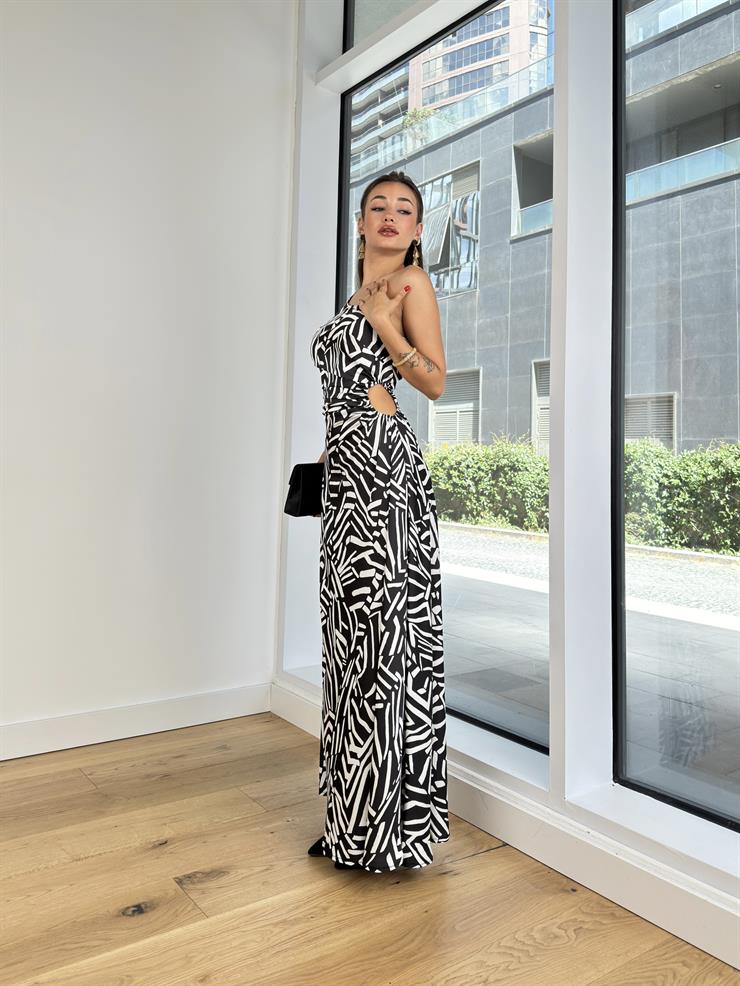 Tek Kol Askılı Bel Kısmı Drapeli Gusta Kadın Desenli Siyah Uzun Elbise 24Y836