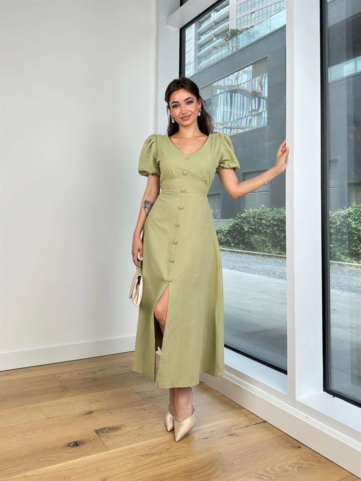 V Yaka Balon Kol Önü Düğme Detaylı Beli Bağlamalı Guste Kadın Haki Elbise 24Y731