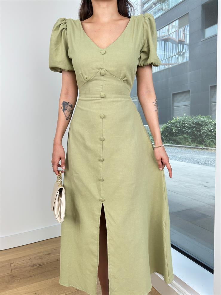 V Yaka Balon Kol Önü Düğme Detaylı Beli Bağlamalı Guste Kadın Haki Elbise 24Y731