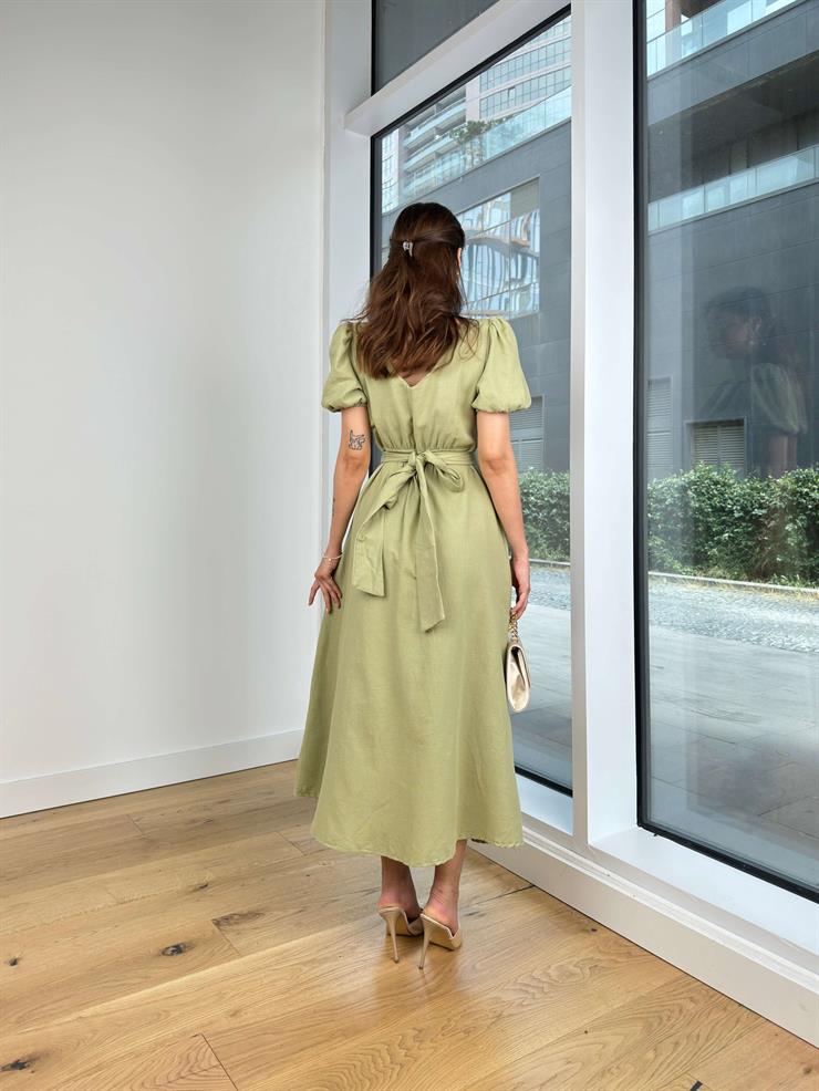 V Yaka Balon Kol Önü Düğme Detaylı Beli Bağlamalı Guste Kadın Haki Elbise 24Y731