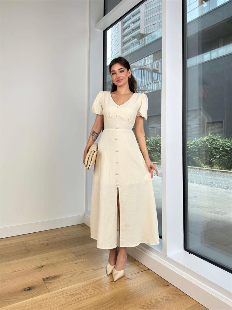 V Yaka Balon Kol Önü Düğme Detaylı Beli Bağlamalı Guste Kadın Bej Elbise 24Y731