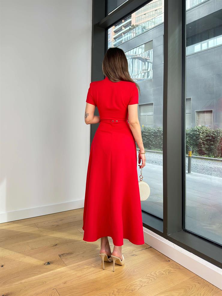 Kalp Yaka Düğme Detaylı Gustin Kırmızı Kadın Elbise 25Y127