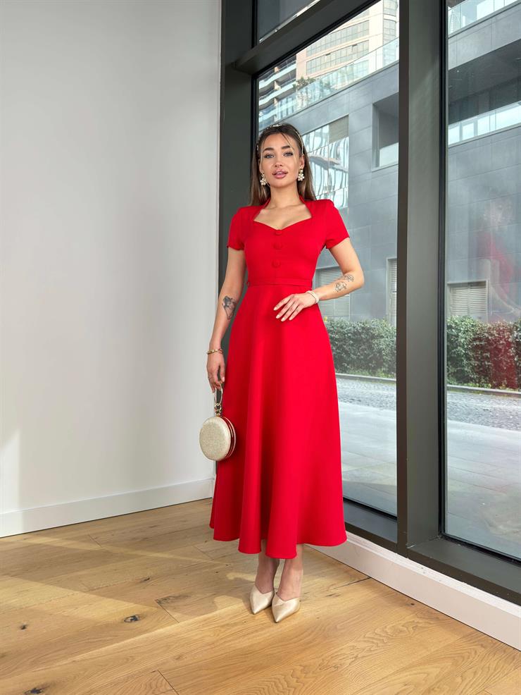 Kalp Yaka Düğme Detaylı Gustin Kırmızı Kadın Elbise 25Y127