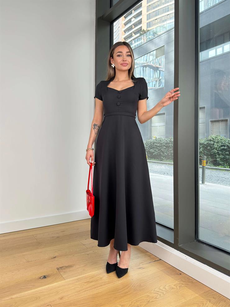 Kalp Yaka Düğme Detaylı Gustin Siyah Kadın Elbise 25Y127