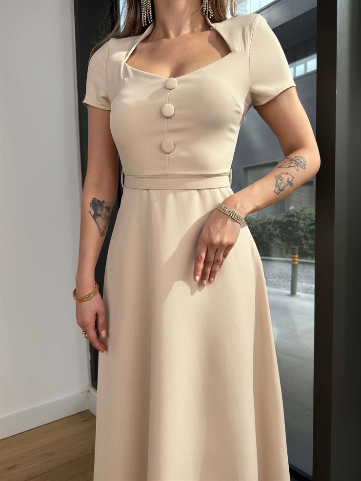 Kalp Yaka Düğme Detaylı Gustin Taş Kadın Elbise 25Y127