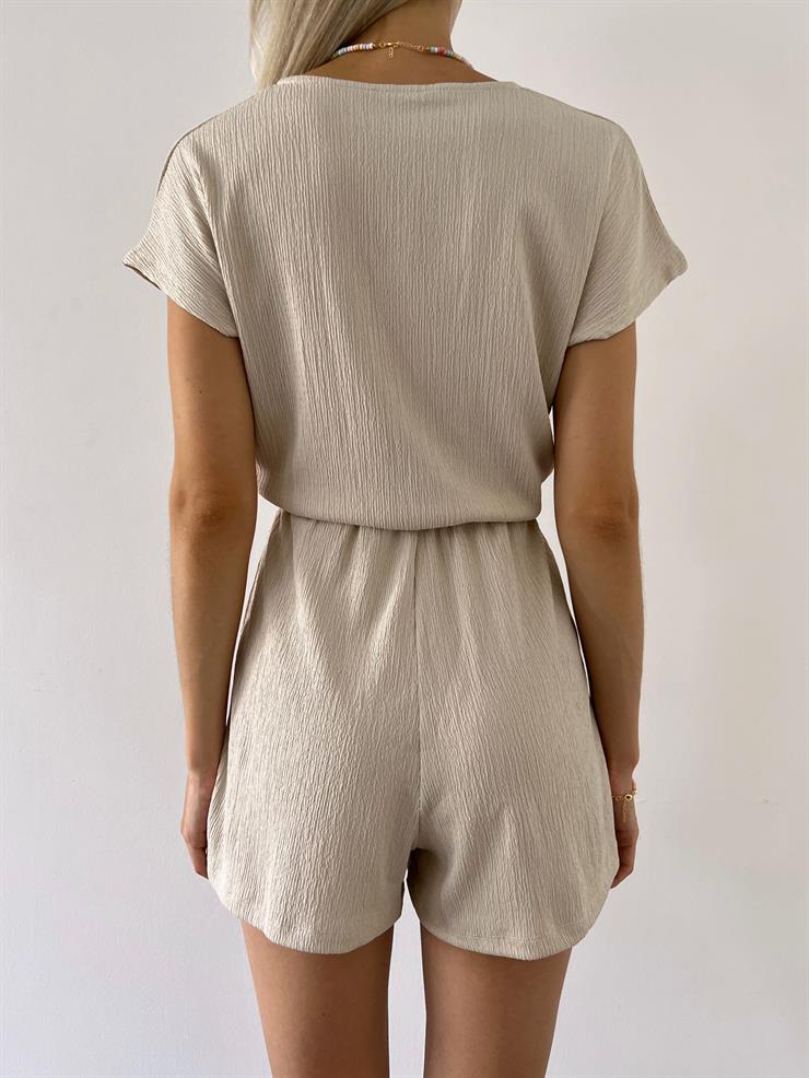 Kruvaze Yaka Kısa Kollu Gusto Kadın Taş Şort Tulum 23Y000356