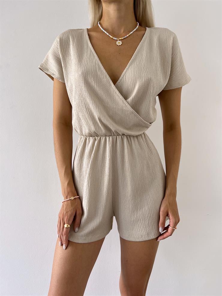 Kruvaze Yaka Kısa Kollu Gusto Kadın Taş Şort Tulum 23Y000356