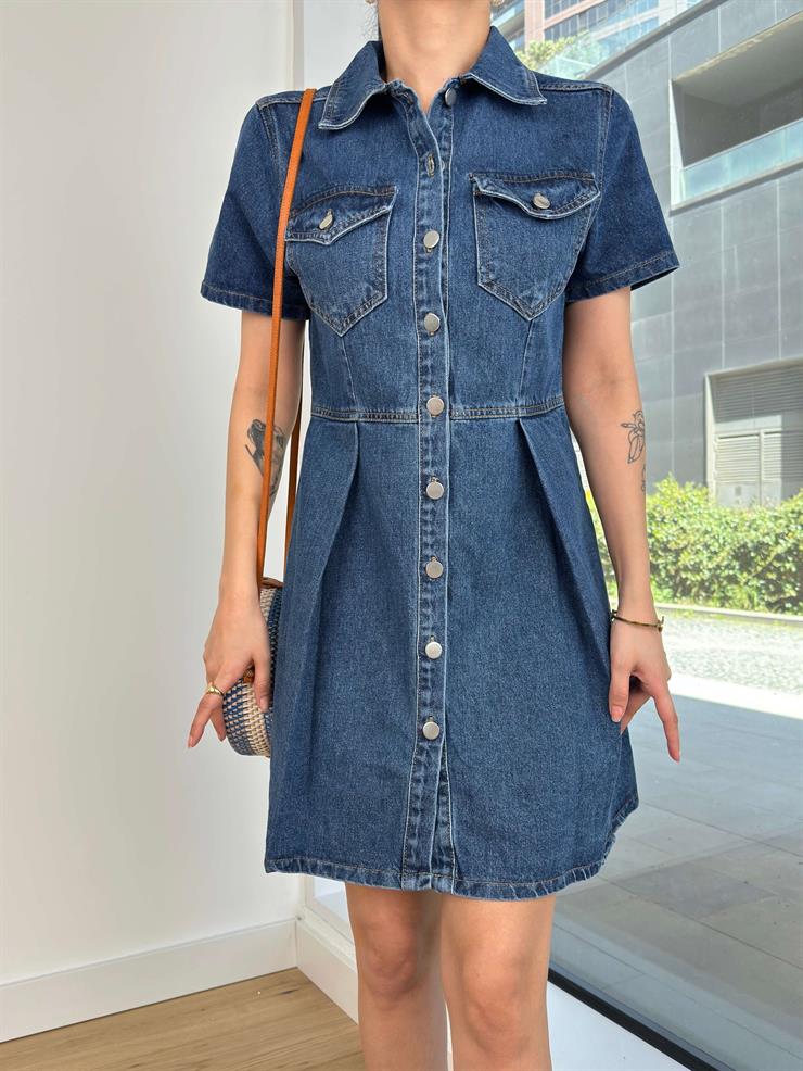 Kısa Kol Önü Düğme Detaylı Haden Kadın Mavi Mini Kot Elbise 24Y379