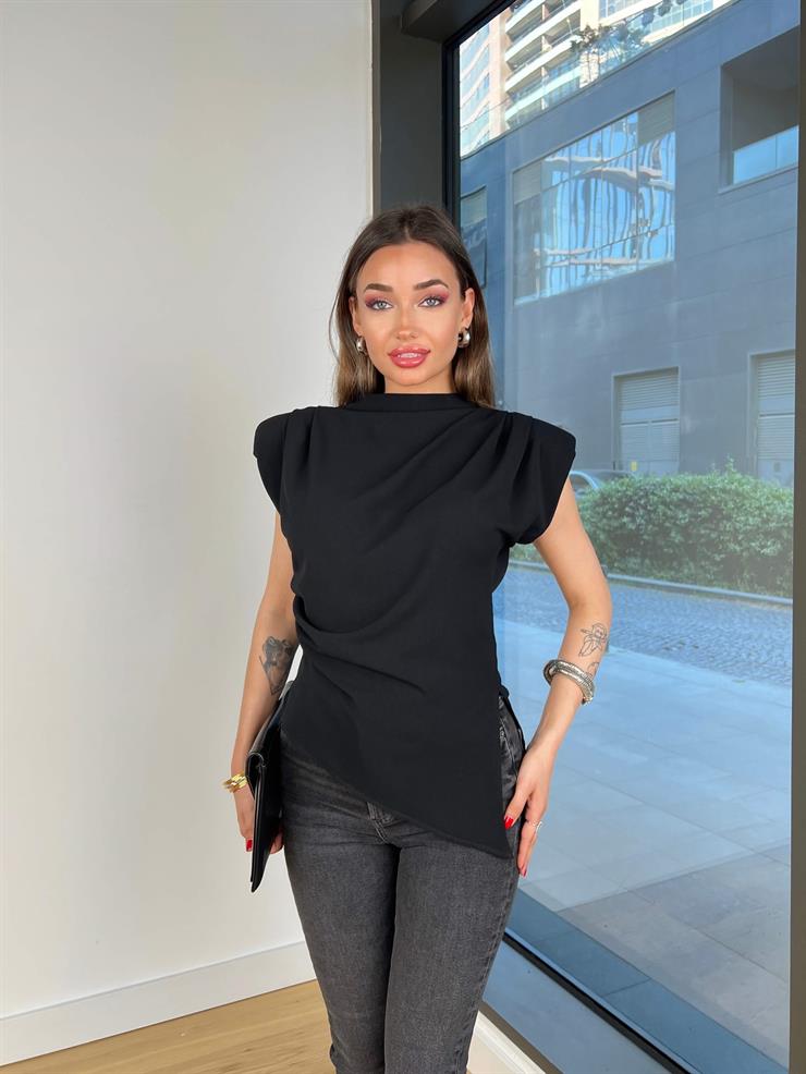Asimetrik Kesim Halberi Siyah Kadın Bluz 25Y040