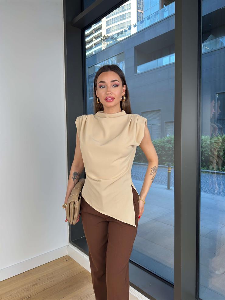 Asimetrik Kesim Halberi Vizon Kadın Bluz 25Y040