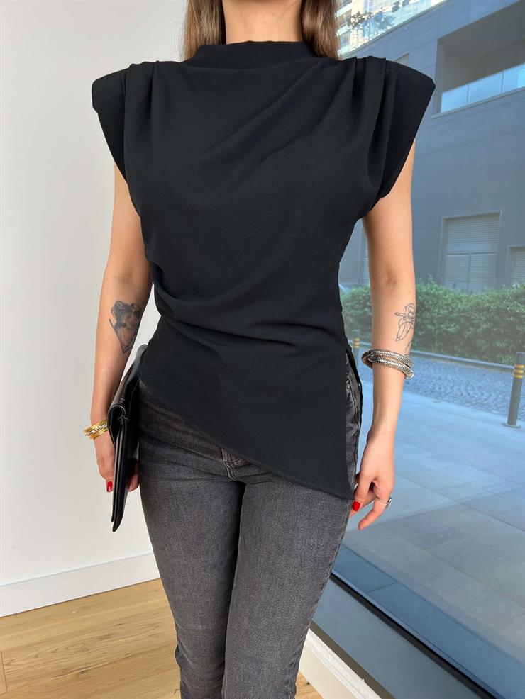 Asimetrik Kesim Halberi Siyah Kadın Bluz 25Y040