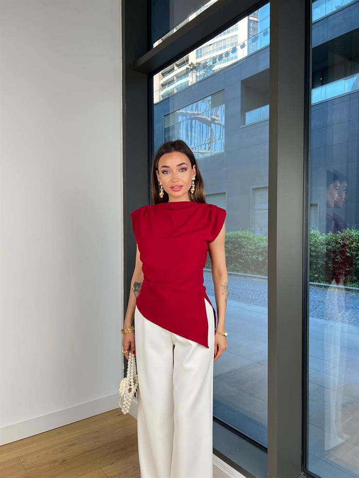 Asimetrik Kesim Halberi Bordo Kadın Bluz 25Y040