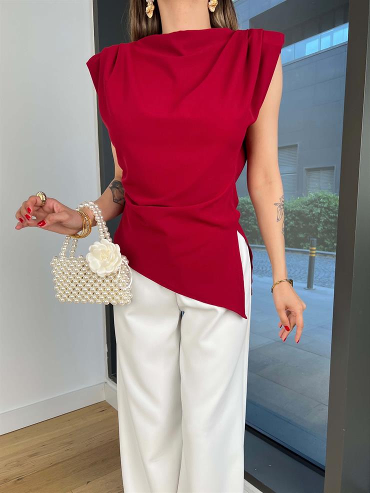 Asimetrik Kesim Halberi Bordo Kadın Bluz 25Y040
