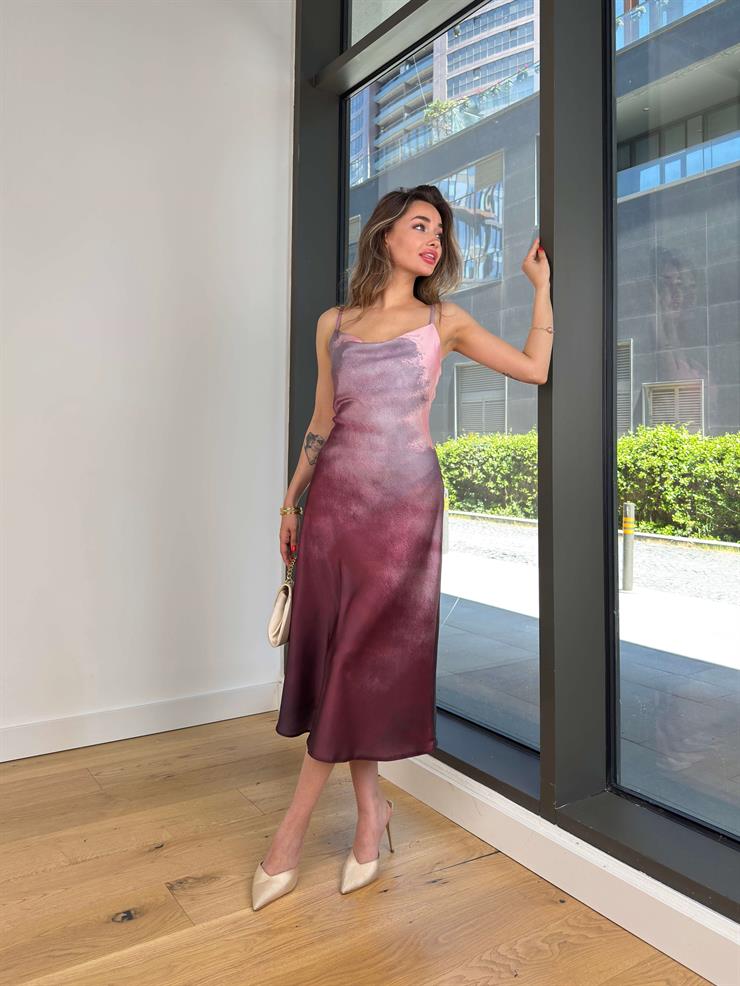 Askılı Degaje Yaka Halder Mor Kadın Saten Elbise 25Y371