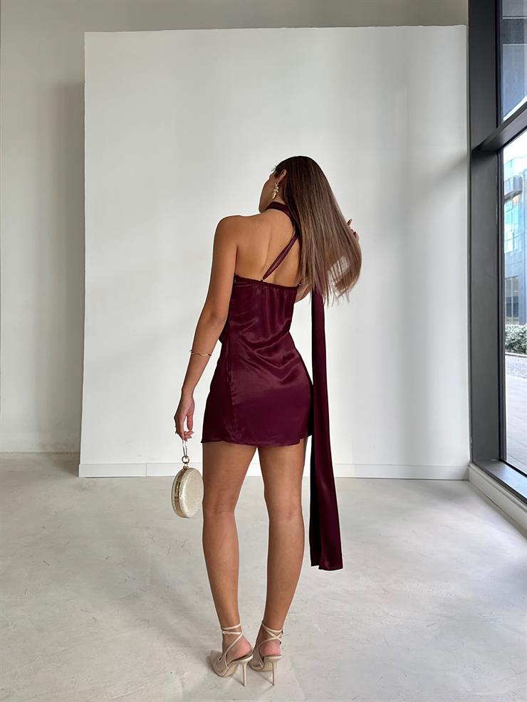 Tek Omuz Sırtı Asimetrik Detay Kendinden Kuşaklı Saten Mini Haldin Bordo Kadın Elbise 26K171