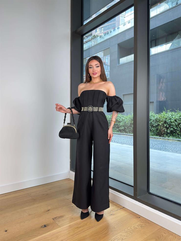 Düşük Omuz Balon Kol Beli Kemerli Halner Siyah Kadın Tulum 25Y420