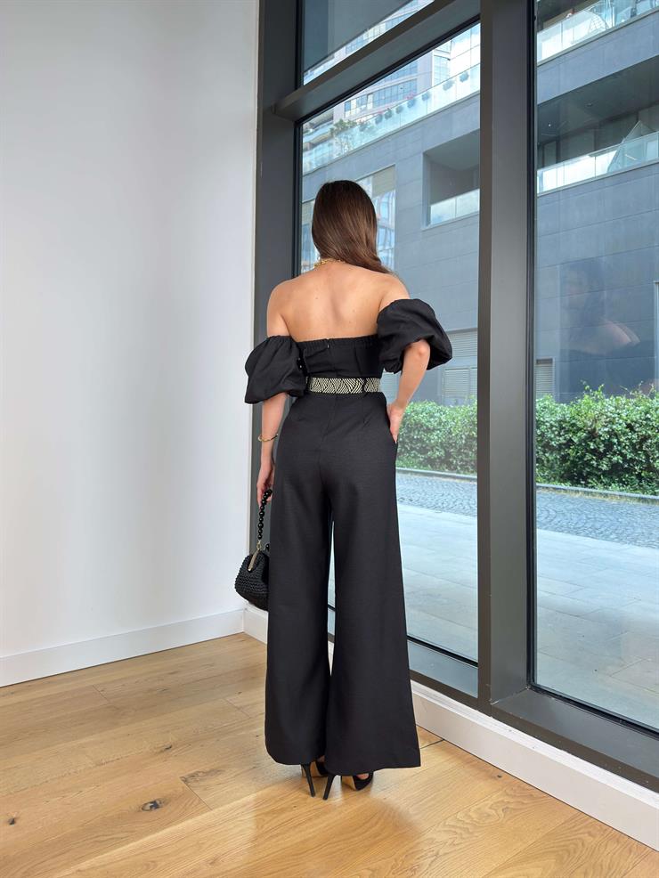 Düşük Omuz Balon Kol Beli Kemerli Halner Siyah Kadın Tulum 25Y420