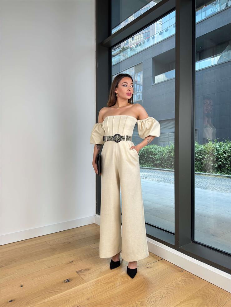 Düşük Omuz Balon Kol Beli Kemerli Halner Natural Kadın Tulum 25Y420