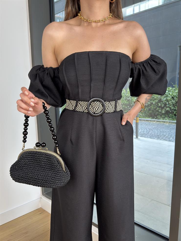 Düşük Omuz Balon Kol Beli Kemerli Halner Siyah Kadın Tulum 25Y420