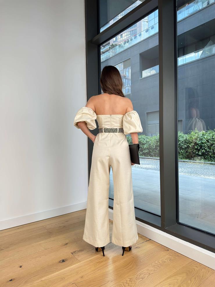 Düşük Omuz Balon Kol Beli Kemerli Halner Natural Kadın Tulum 25Y420