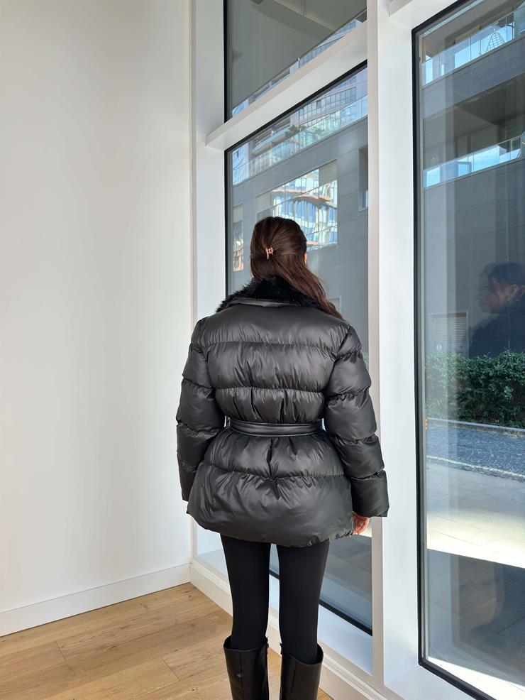 İçi Kürklü Beli Kemerli Hana Siyah Kadın Şişme Mont 25K181