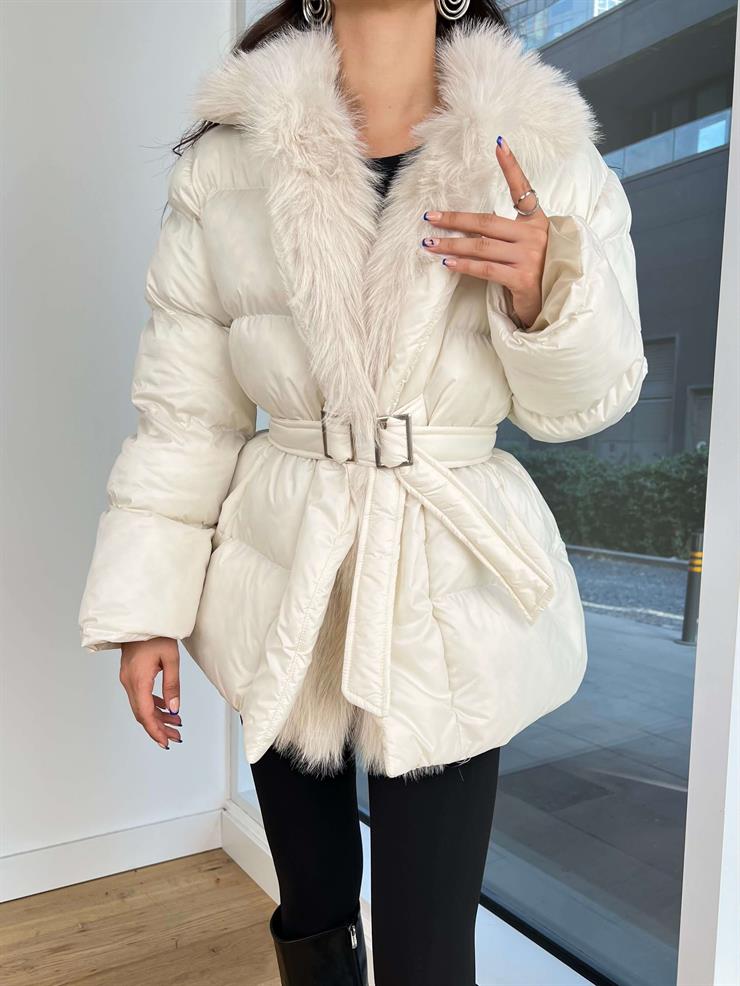 İçi Kürklü Beli Kemerli Hana Ekru Kadın Şişme Mont 25K181