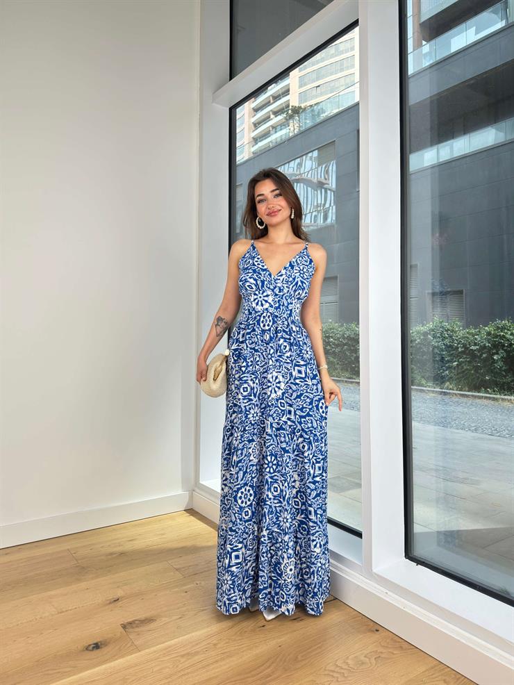 V Yaka Askılı Belden Oturtmalı Haniel Kadın Desenli Mavi Elbise 24Y724