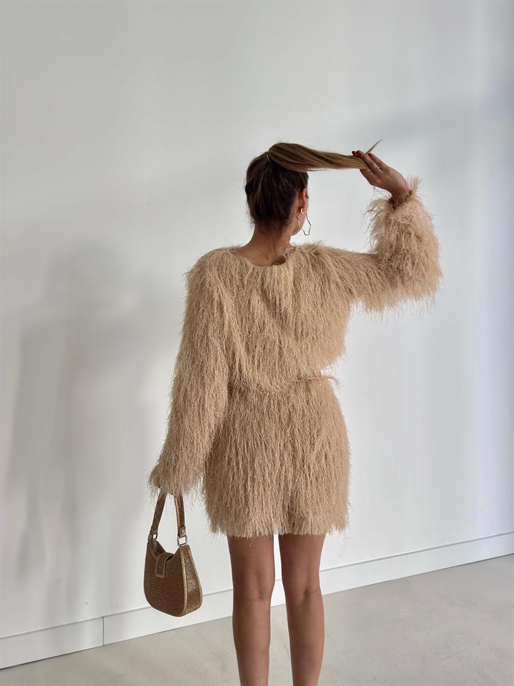 Püsküllü Crop Mini Hanli Bej Kadın İkili Etekli Takım 26K138