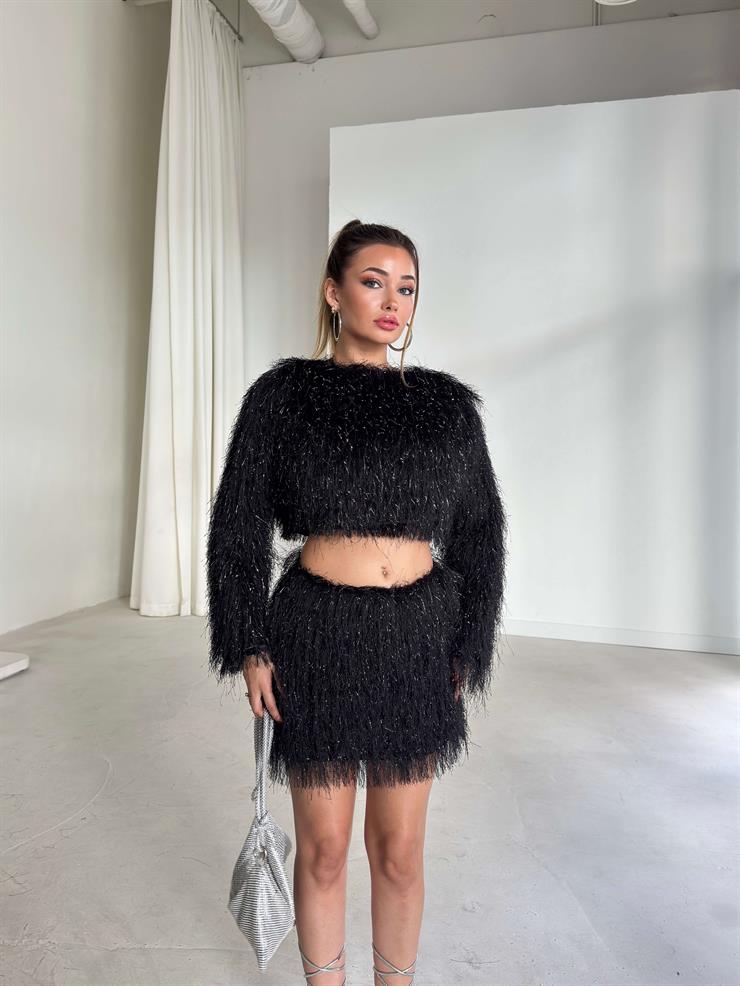 Püsküllü Crop Mini Hanli Siyah Kadın İkili Etekli Takım 26K138