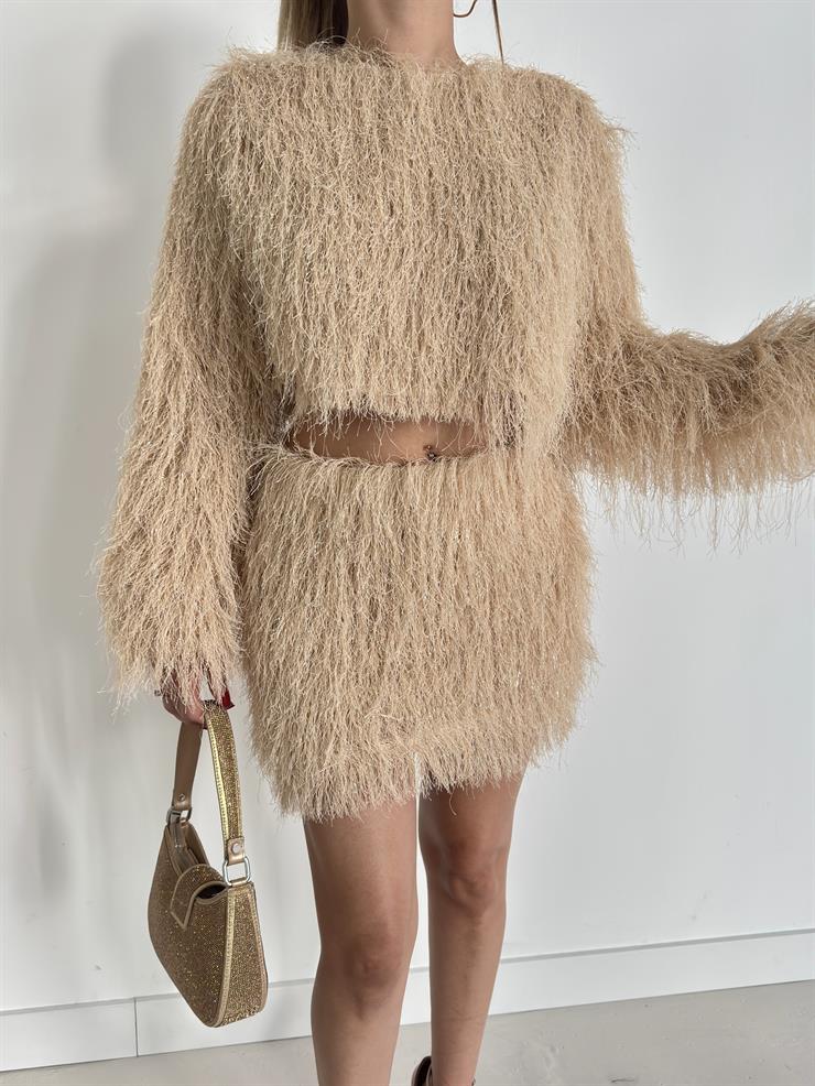 Püsküllü Crop Mini Hanli Bej Kadın İkili Etekli Takım 26K138