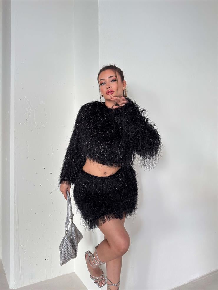 Püsküllü Crop Mini Hanli Siyah Kadın İkili Etekli Takım 26K138