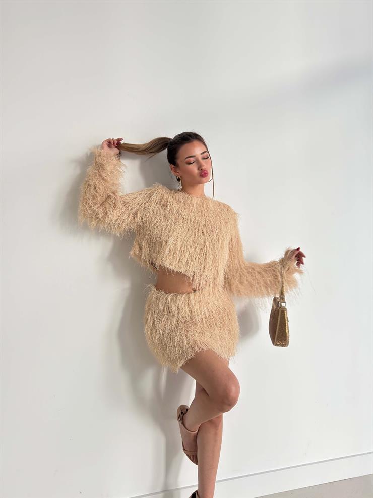 Püsküllü Crop Mini Hanli Bej Kadın İkili Etekli Takım 26K138