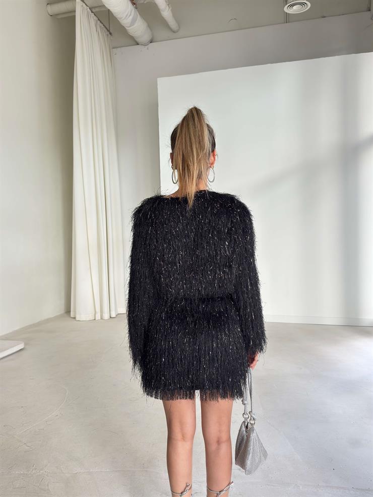 Püsküllü Crop Mini Hanli Siyah Kadın İkili Etekli Takım 26K138