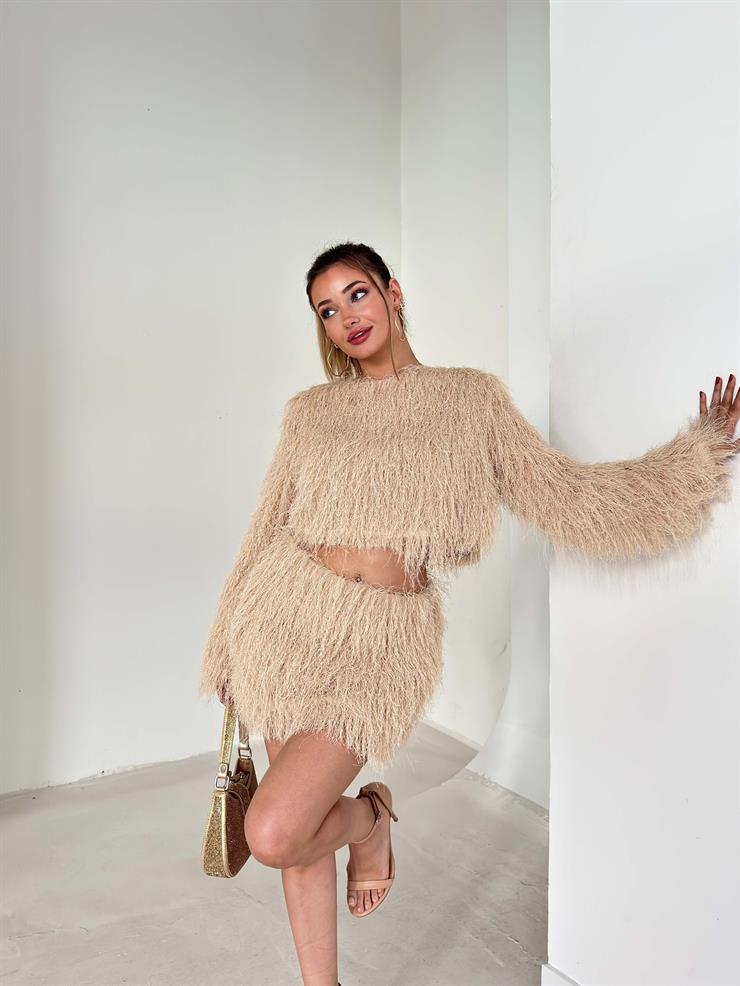Püsküllü Crop Mini Hanli Bej Kadın İkili Etekli Takım 26K138