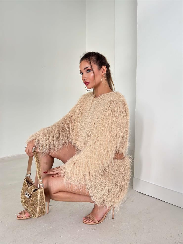 Püsküllü Crop Mini Hanli Bej Kadın İkili Etekli Takım 26K138