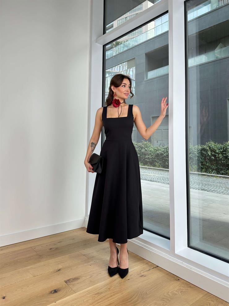 Kalın Askılı Kare Yaka Hans Kadın Siyah Midi Elbise 24Y312