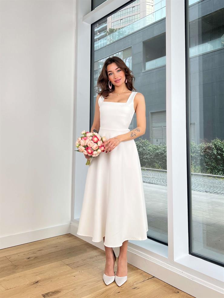 Kalın Askılı Kare Yaka Hans Kadın Ekru Midi Elbise 24Y312