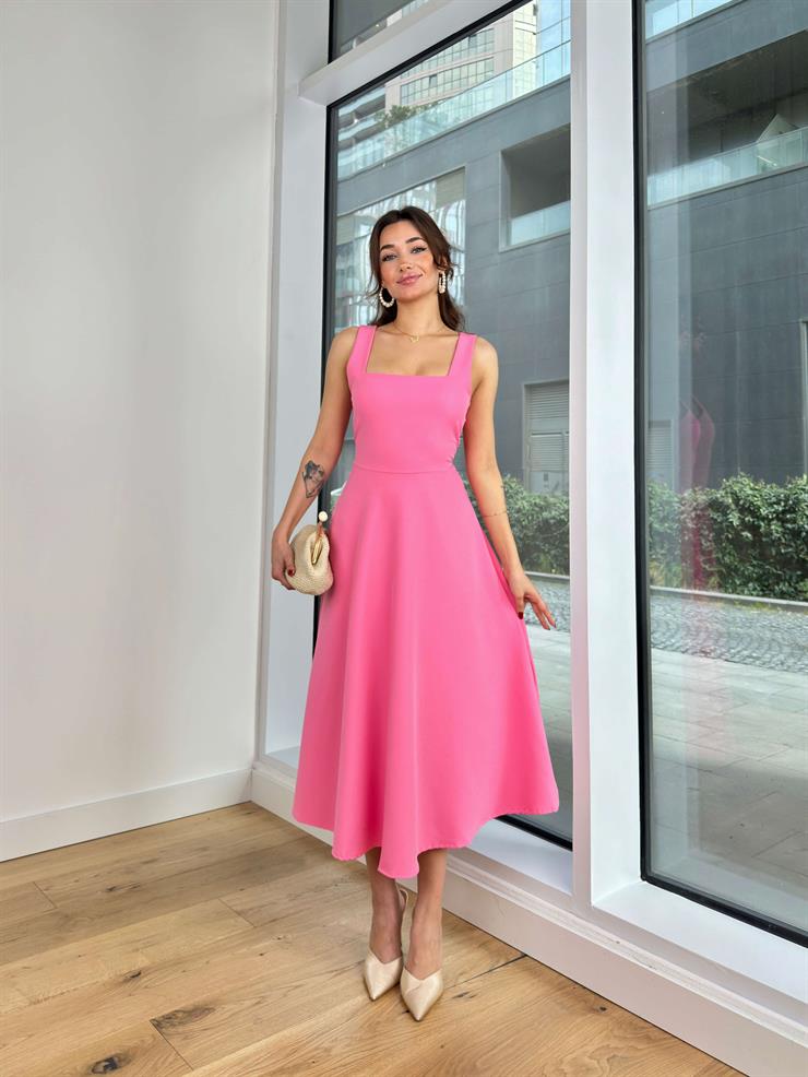 Kalın Askılı Kare Yaka Hans Kadın Pembe Midi Elbise 24Y312