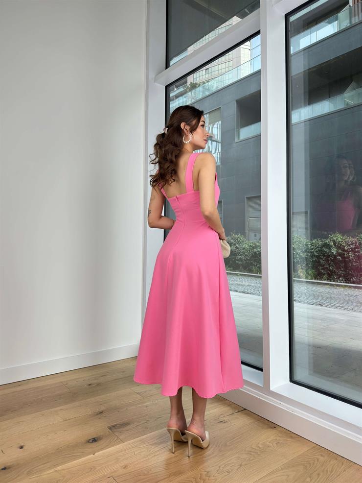 Kalın Askılı Kare Yaka Hans Kadın Pembe Midi Elbise 24Y312