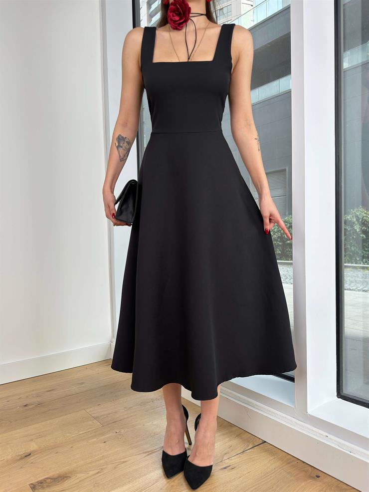 Kalın Askılı Kare Yaka Hans Kadın Siyah Midi Elbise 24Y312